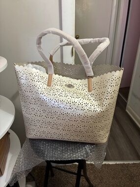 Coach Cream Laser-Cut Floral Tote with Scalloped Top
